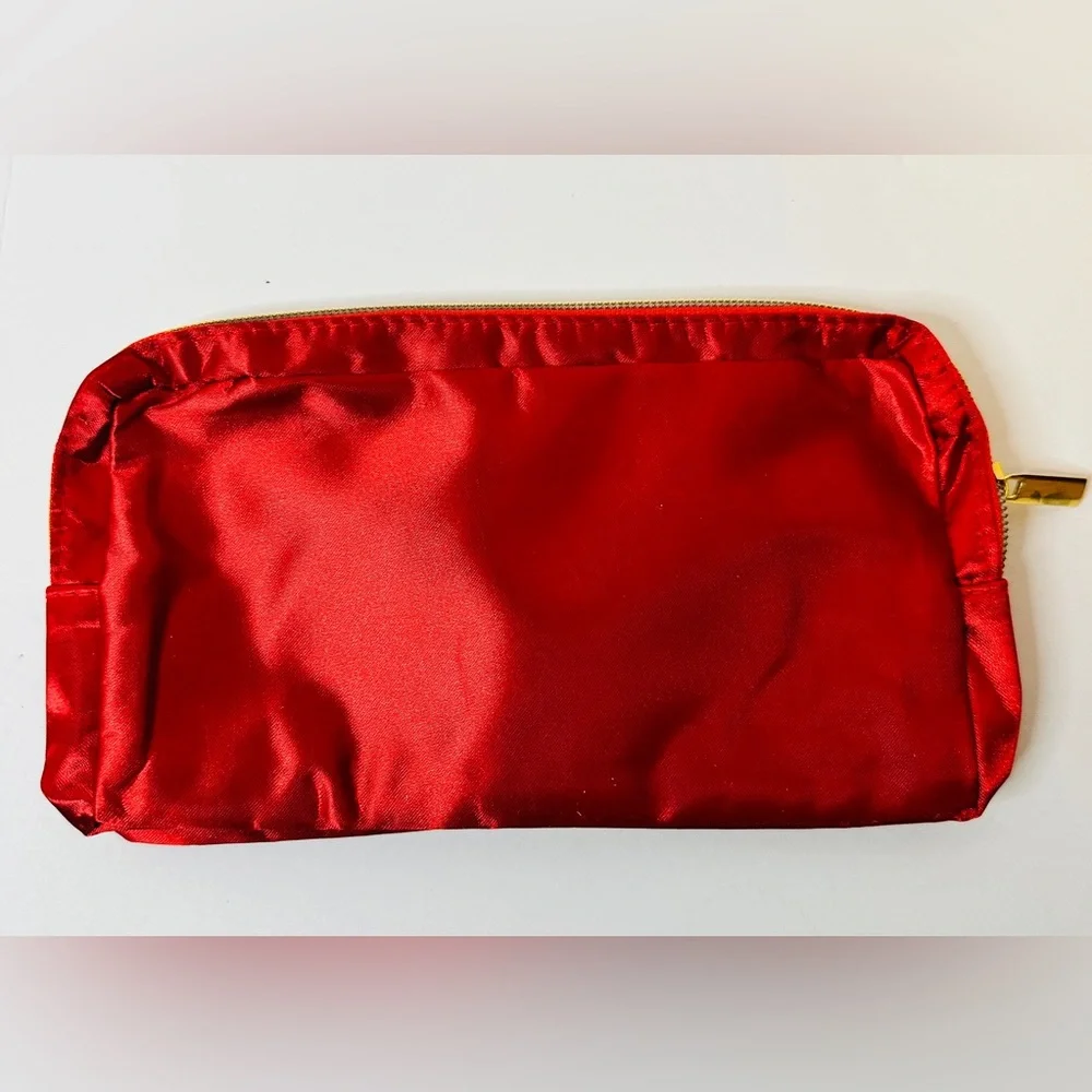 PERLIER Red Satin Vinyl Lined Cosmetic Bag Case with Gold Zipper NWOT
